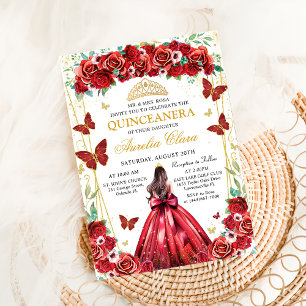 Quinceañera Red Roses Floral Princess Butterflies  Invitation