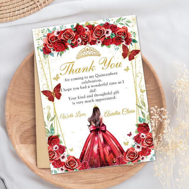Quinceañera Red Roses Floral Princess Butterflies Thank You Card (Creator Uploaded)