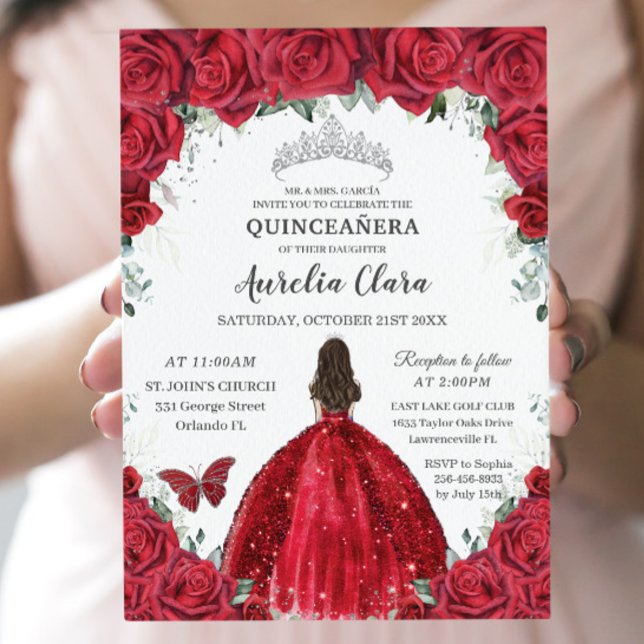 Quinceañera Red Roses Floral Princess Gown Silver Invitation (Creator Uploaded)
