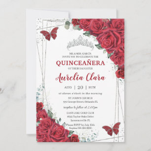 Quinceañera Red Roses Floral Silver Princess Crown Invitation