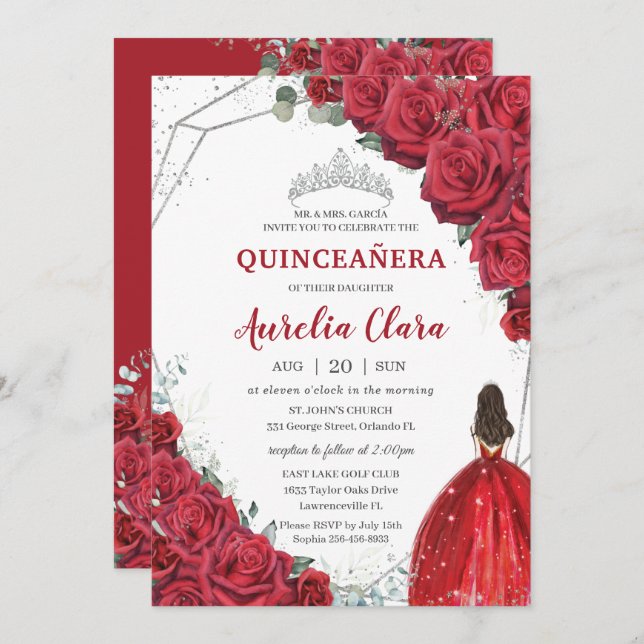 Quinceañera Red Roses Floral Silver Princess Tiara Invitation (Front/Back)
