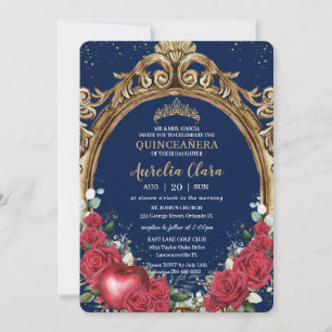 Quinceañera Red Roses Floral Snow White Gold Frame Invitation