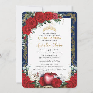 Quinceañera Red Roses Floral Snow White Navy Gold Invitation