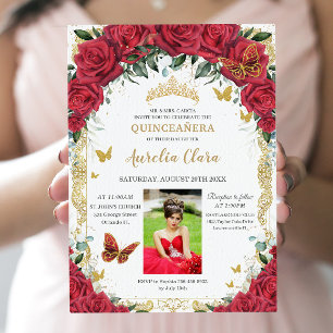 Quinceañera Red Roses Floral Vintage Gold Picture Invitation