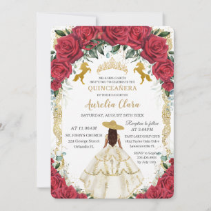 Quinceañera Red Roses Floral White Dress Horses  Invitation