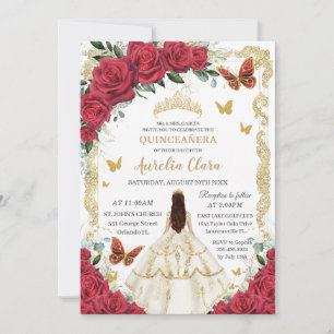 Quinceañera Red Roses Floral White Dress Princess Invitation