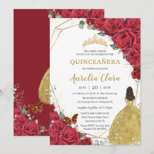 Quinceañera Red Roses Floral Yellow Princess Dress Invitation