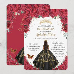 Quinceañera Red Roses Flowers Black Dress Gold Invitation