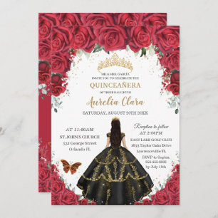 Quinceañera Red Roses Flowers Black Dress Gold Invitation
