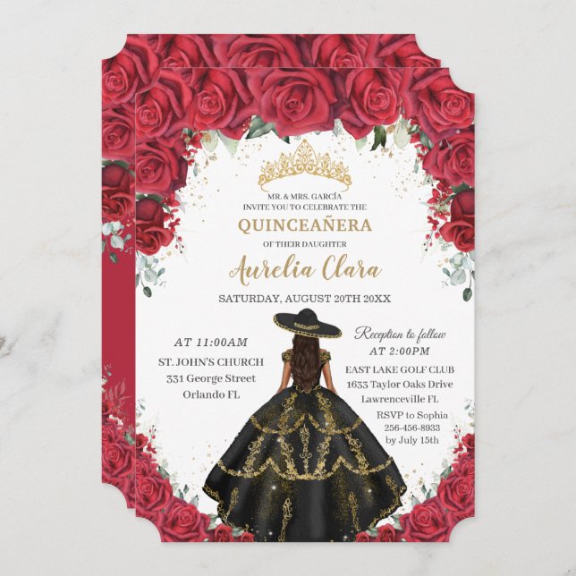 Quinceañera Red Roses Flowers Black Dress Hat Gold Invitation (Front/Back)