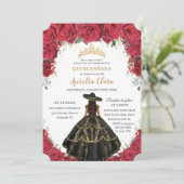 Quinceañera Red Roses Flowers Black Dress Hat Gold Invitation 