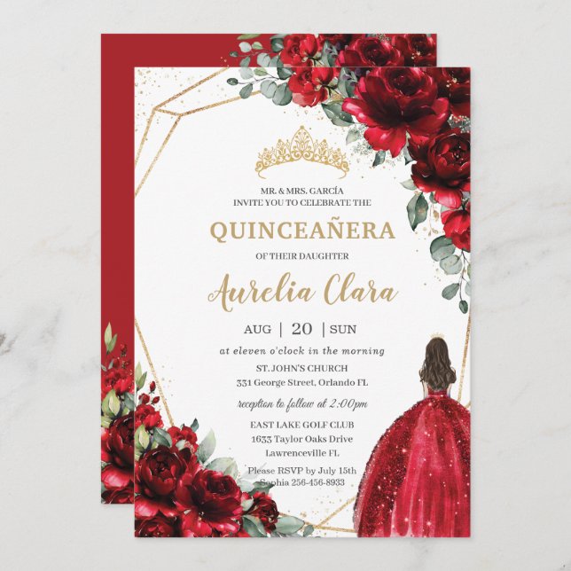 Quinceañera Red Roses Flowers Floral Princess Gown Invitation (Front/Back)