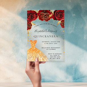 Quinceanera red roses gold dress glitter clear acrylic invitations