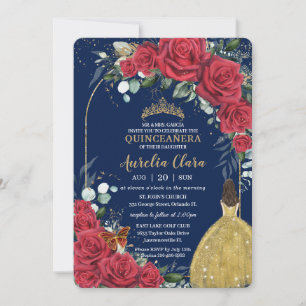 Quinceañera Red Roses Princess Yellow Dress Blue Invitation