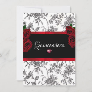 Quinceanera Red Roses Red Satin Black White Toile Invitation