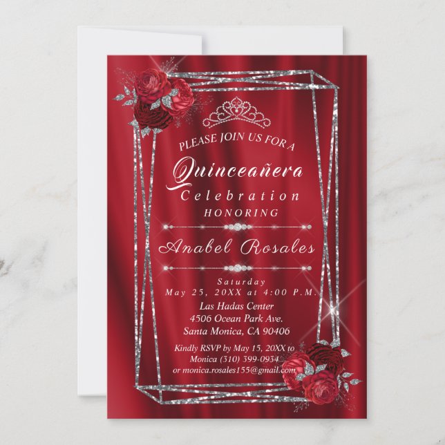 Quinceanera Red Roses & Silver Glitter Invitation (Front)