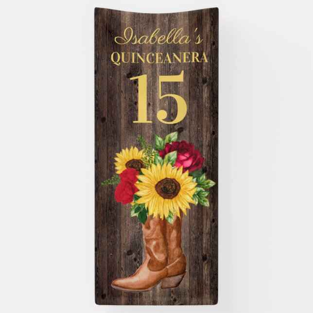 Quinceañera Red Roses Sunflowers Cowboy Boots 15 Banner (Vertical)