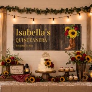 Quinceañera Red Roses Sunflowers Cowboy Boots Banner