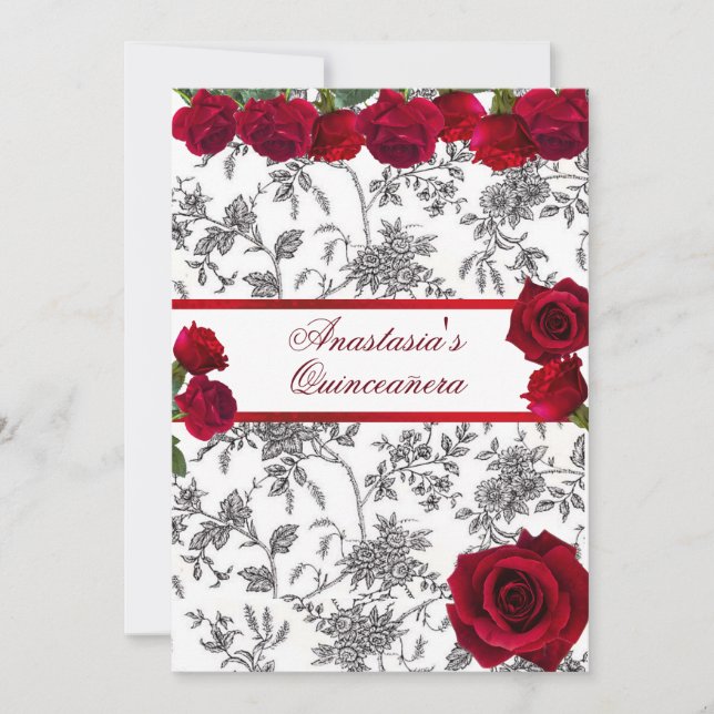Quinceanera Red Satin Red Roses Black White Toile  Invitation (Front)