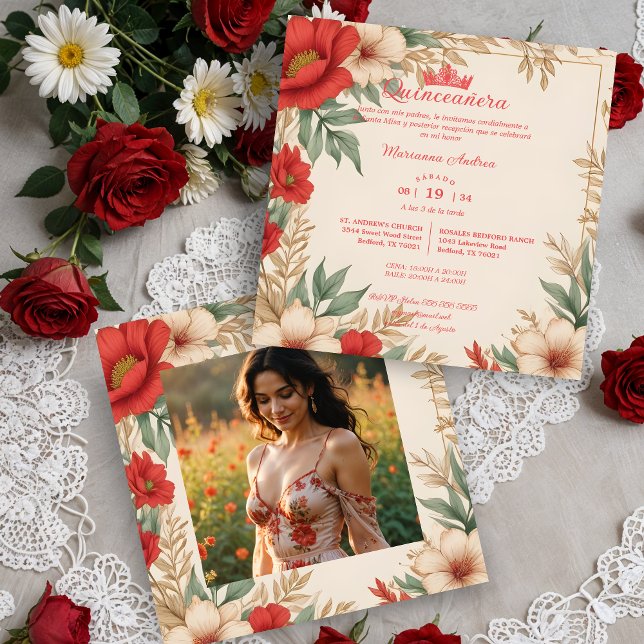 Quinceañera Red Shades Sweet Floral Spanish Photo Invitation (Quinceañera Red Shades Sweet Floral Spanish Photo Square Invitations Cards. )