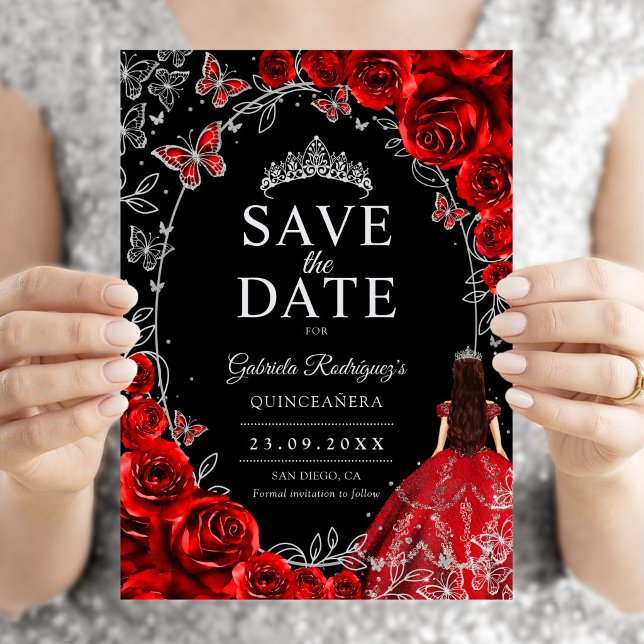 Quinceanera Red Silver Black Save The Date (Creator Uploaded)