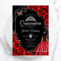 Quinceanera Red Silver Butterfly Dress Floral