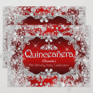 Quinceanera Red Silver Tiara Winter Wonderland Invitation