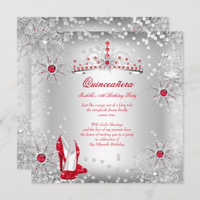 Quinceanera Red Silver Winter Wonderland Invitation (Front/Back)