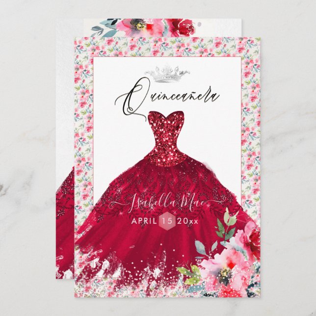 Quinceanera Red Sparkle Gown Watercolor Flowers Invitation (Front/Back)