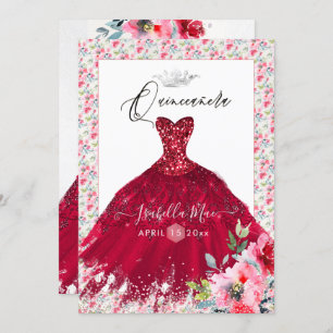 Quinceanera Red Sparkle Gown Watercolor Flowers Invitation
