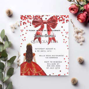 Quinceanera red white dress bow invitation