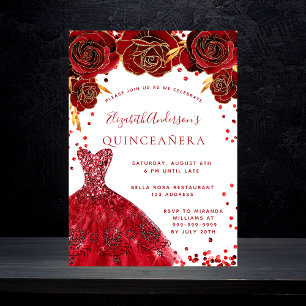 Quinceanera red white dress roses glamourous invitation