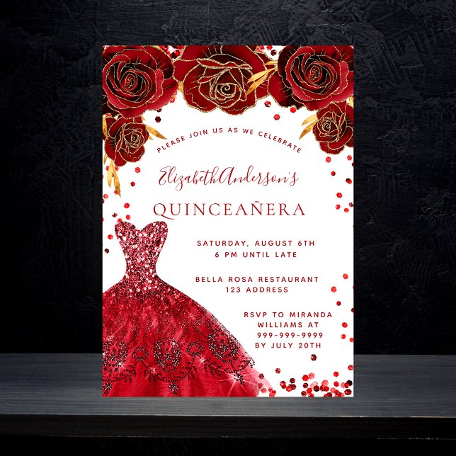 Quinceanera red white dress roses glamourous invitation postcard (Creator Uploaded)