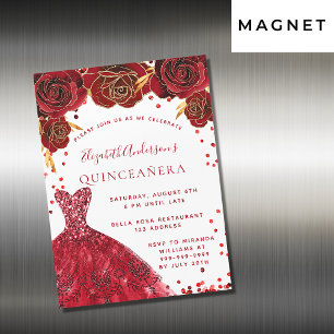 Quinceanera red white dress roses luxury magnetic invitation