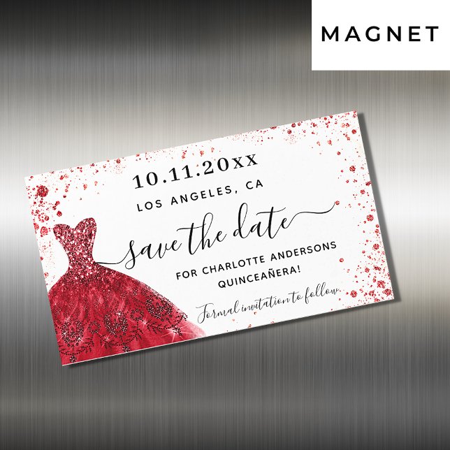 Quinceanera red white dress save the date magnet (Creator Uploaded)