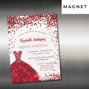 Quinceanera red white dress sparkles luxury magnetic invitation
