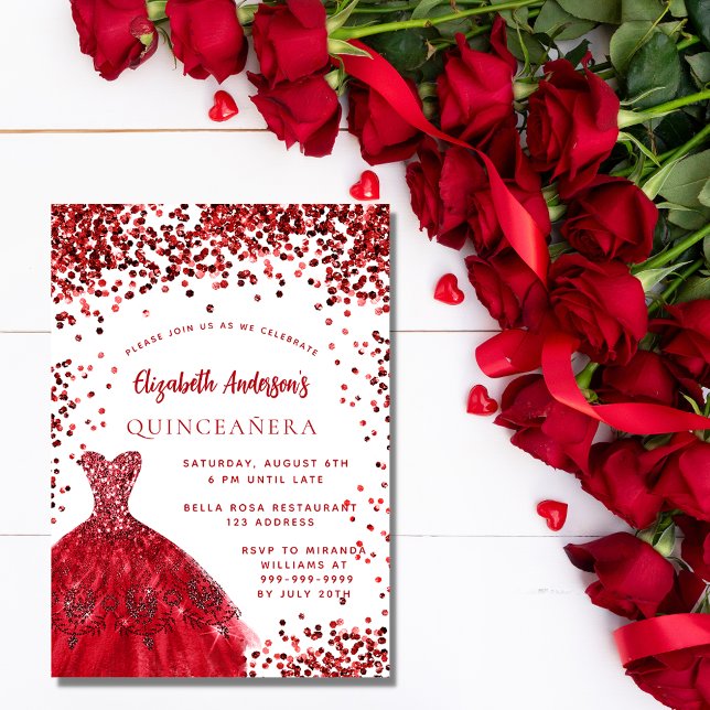 Quinceanera red white dress sparkles party invitation postcard (Creator Uploaded)
