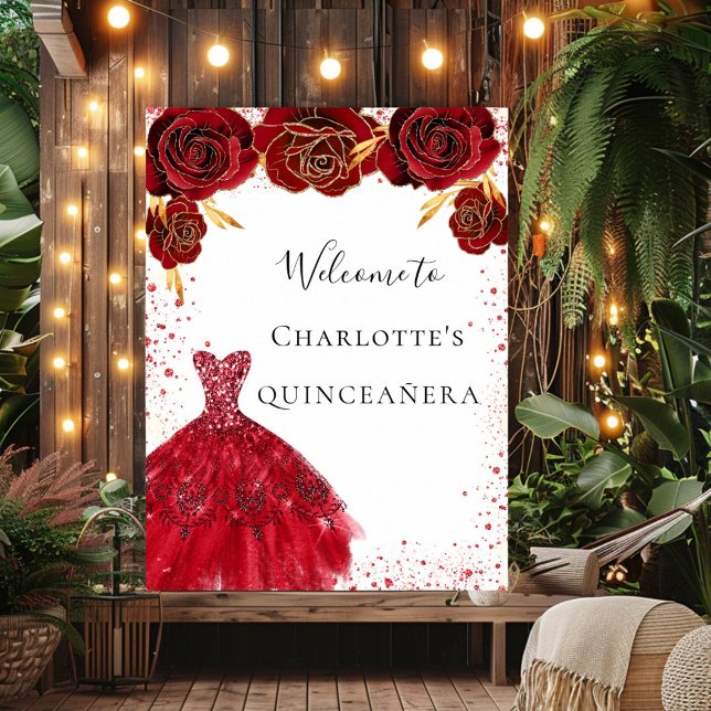 Quinceanera red white glitter dress floral welcome poster (Creator Uploaded)