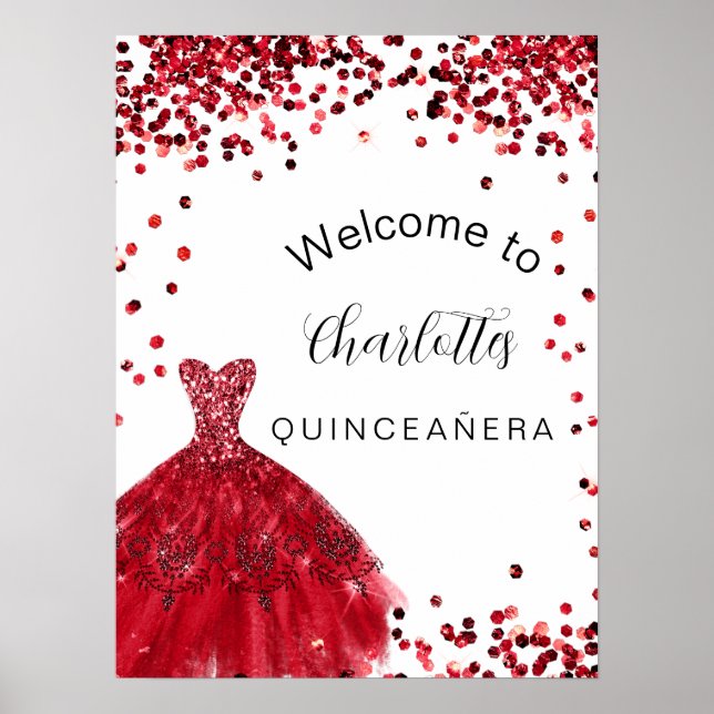Quinceanera red white glitter dress welcome  poster (Front)