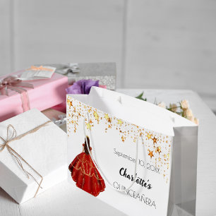 Quinceanera red white gold stars dress tiara large gift bag