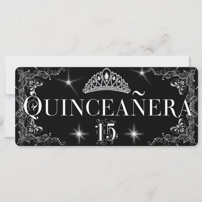 Quinceanera Regal Black Silver Tiara Invitation (Front)