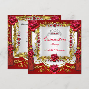 Quinceanera Regal Red Gold Rose Tassels Tiara Invitation