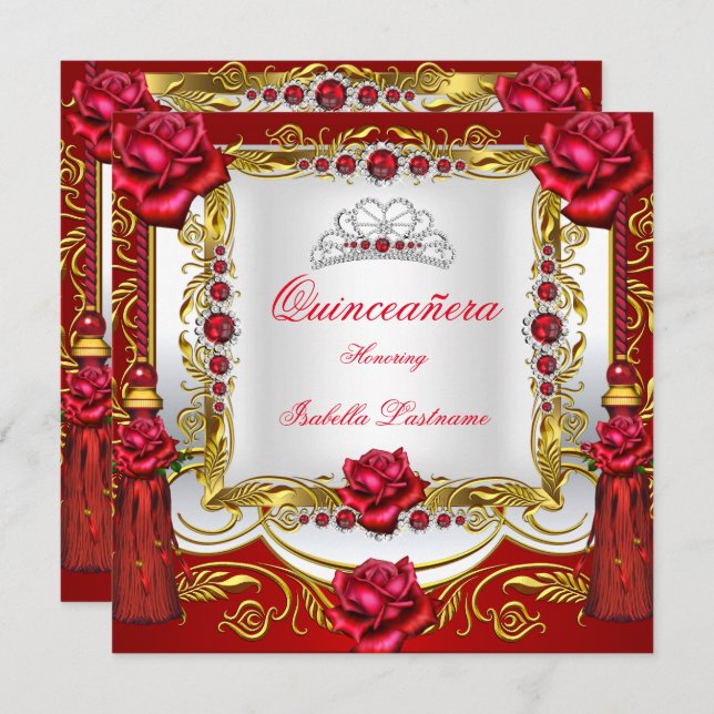Quinceanera Regal Red Gold Rose Tassels Tiara Invitation (Front/Back)