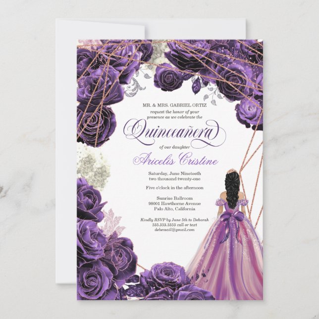 Quinceañera Regal Royal Purple & Rose Gold & Gown  Invitation (Front)