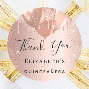 Quinceanera rose  blush glitter balloon Thank You Classic Round Sticker
