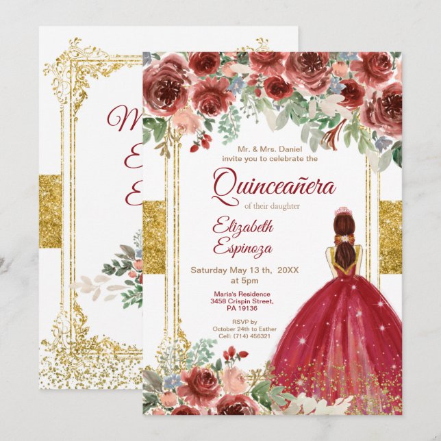 Quinceañera Rose Burgundy Gold  Invitation (Front/Back)