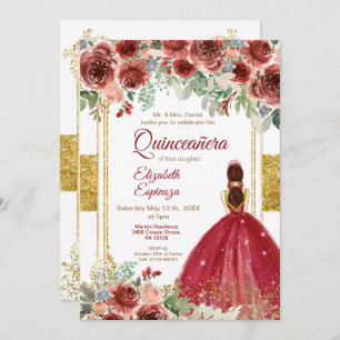 Quinceañera Rose Burgundy Gold  Invitation
