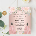 Quinceanera rose dress floral 2 girls invitation<br><div class="desc">Celebrate a double Quinceañera in style with this modern and glamourous invitation designed for two sisters! Featuring a chic rose gold background adorned with blush pink flowers, this invitation showcases two girls in elegant ball gowns. The names are beautifully written in a modern hand-lettered script, adding a personalised and sophisticated...</div>