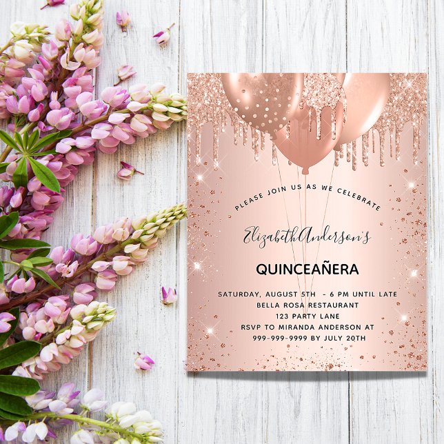 Quinceanera rose gold balloons budget invitation flyer (Creator Uploaded)