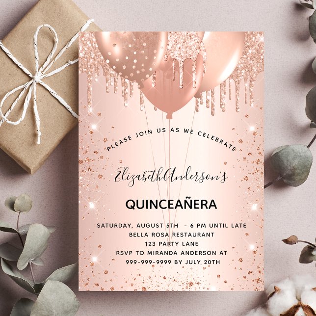 Quinceanera rose gold balloons  invitation (Creator Uploaded)